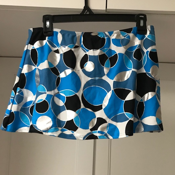 Bikini Bay Skirted Swimsuit bottom Women’s US 12 Blue Silver Black Circles - Picture 2 of 9